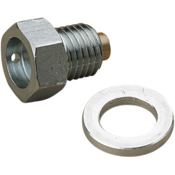 A Yamaha Magnetic Drain Plug by Moose Offroad, featuring a hex head and magnetic tip, is displayed next to a flat metal washer on a white background.