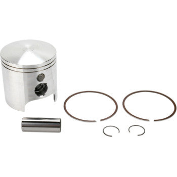 The Polaris Scrambler Piston Kit 72.00 mm by Wiseco, designed for Trail Blazer and Trail Boss 250, features a high-silicon forged aluminum piston with two rings, a cylindrical wrist pin, and two small circlips displayed on a white background.