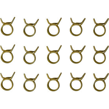 Fifteen Helix 5/16" Self Tensioning Double Wire Hose Clamps are arranged in a grid on a white background, each gold-colored clamp positioned with open ends facing upward.