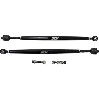 The Polaris RZR Tie Rods by SDI are shown in black with SDI logos, accompanied by heavy-duty rods and metal mounting hardware, all displayed on a white background.