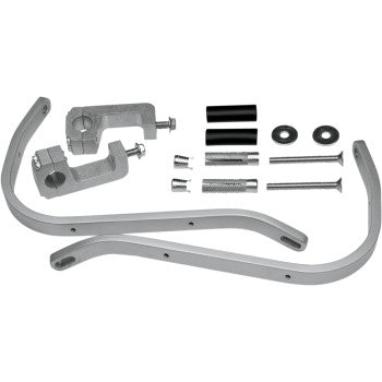 A set of Deluxe Woods Pro Aluminum Hand Guards by Maier for 7/8" bars, including curved guards, clamp mounts, hardware, and black spacers—designed for brake and clutch lever clearance—displayed on a white background.