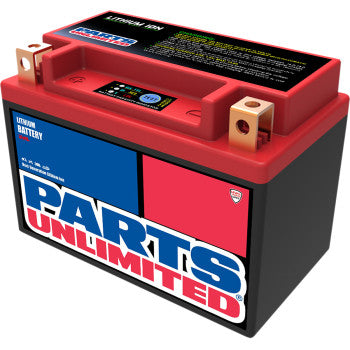 Compact rectangular lithium-ion battery with black body, red top, and bold Parts Unlimited logo in blue, white, and red on.
