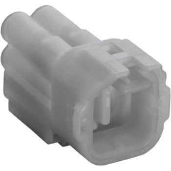 A close-up of the HM Series Connector 4 Position Male by Namz, a gray plastic connector designed for securely joining wires in automotive, electronic, or custom applications.