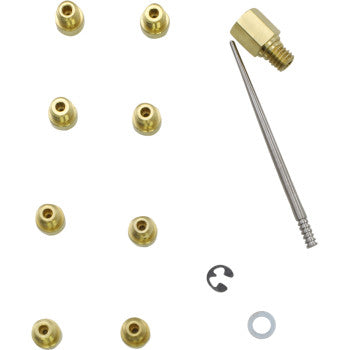 The Honda Jet Kit Stage 1/2 by Dynojet includes nine small brass nozzles in three rows, a threaded metal needle, hexagonal fitting, metal clip, and washer—crafted for fully adjustable performance and enhanced drivability.