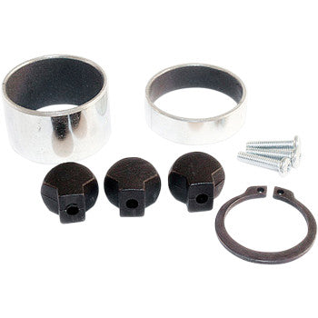 The Secondary Clutch Rebuild Kit by Epi includes two metal rings, three black rounded parts with holes, three screws, and a circular retaining ring—perfect for EBS roller secondary clutch repairs—shown on a white background.