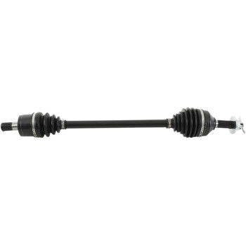 The Kawasaki Teryx Axle Kit Complete 8 Ball Extreme Duty Front Left & Right 750 by All Balls features a black chromoly shaft, rubber boots on both ends, metal connectors, and precision ball bearings shown on a white background.