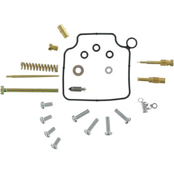 The Honda Carburetor Repair Kit by K&L Supply includes carburetor jets, screws, springs, washers, O-rings, and OEM carb gaskets, all organized on a white background.