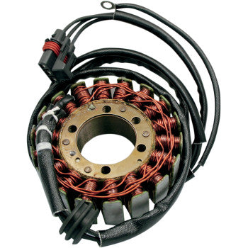 Copper wire wound stator with black insulation and attached wiring harness with connector.