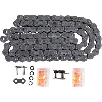 The 520 Max O Drive Chain 102 Links by RK is coiled on a white surface, shown with two connector links, two pins, four O-rings, and two small lubricant packets.