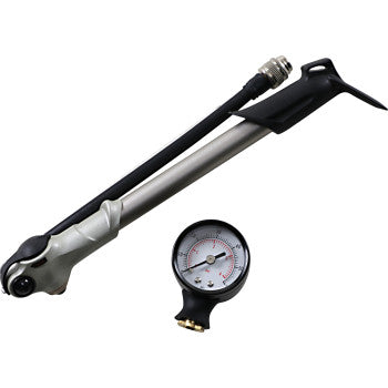 The Air Pump with Gauge 0-60 by Drag Specialties is a silver and black bicycle shock pump featuring an attached hose, adjustable air suspension, and a removable pressure gauge placed nearby.