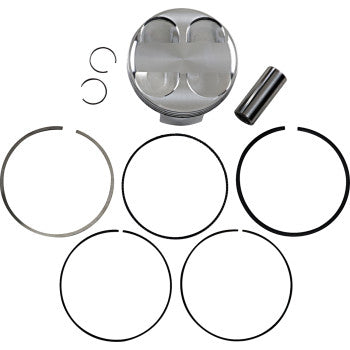 The Piston Kit by JE Pistons includes a silver forged aluminum piston, piston pin, two circlips, and four piston rings, all displayed on a white background.