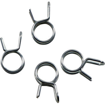 Four small silver clamps from the Wire Clamp Refill Kit Silver 4 Pack by All Balls are arranged on a white background, each featuring a circular coil and two prongs. Perfect for fuel line clamp kits or as refill packs.