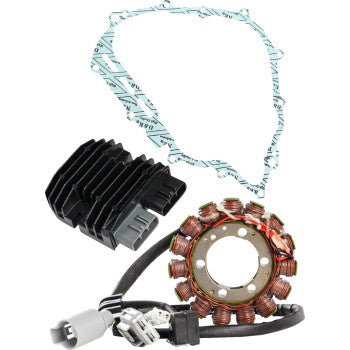 The Yamaha Electrical Kit by Rick's Motorsport Electric features a stator coil with wiring and connectors, a gasket, and a black rectifier regulator, all displayed on a white background.