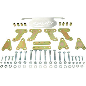 The Lift Kit Front Back 4.00 by High Lifter includes metal brackets, bolts, nuts, washers, spacers, and a silver plate—ideal for boosting your ATVs clearance with big wheel kits or front and back lift upgrades.