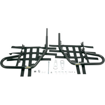 The Yamaha Raptor Nerf Bars Black by Motorsport Products includes two black metal nerf bars with webbing, EZ-fit clamp brackets, and hardware arranged as a kit for off-road vehicles or ATVs.