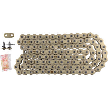 The GB 520 EXW Drive Chain 110 Links by RK, featuring a coiled XW-ring design, comes with a connecting link, two metal pins, and a small lubricant packet, all displayed on a white background.