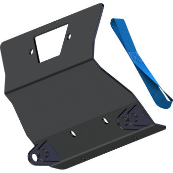 Black metal plow mount bracket with angled base and triangular cutout, includes blue plastic installation tool.