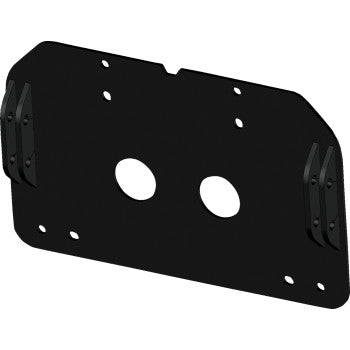 The Kawasaki Brute Force Plow Mount 450 by Kfi Products is a black grade 50 steel bracket featuring two central holes, multiple smaller holes, raised edge mounting points, and angled rectangular corners—ideal for ATV push tube use.