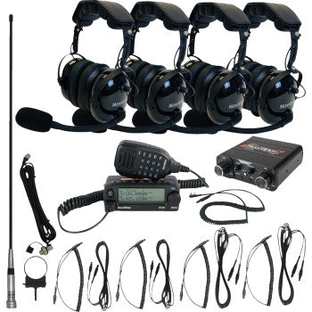 The Intercom Radio and Headset Kit 4 Seat Black by Navatlas includes four headsets with microphones, a transceiver, control box, antenna, and accessories—perfect for intercom or car-to-car radio use—all arranged on a white background.