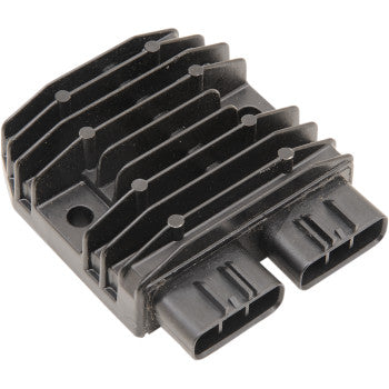 Black rectangular Honda regulator/rectifier with cooling fins and two black electrical connectors.