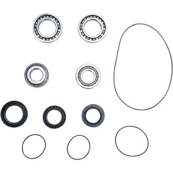 The Kawasaki Differential Bearing Seal Kit Front by Moose Offroad features high-speed bearings, black rubber seals, and various sizes of O-rings neatly arranged on a white background.