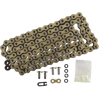 The 520 X1R Heavy Duty Drive Chain 118 Links Gold by JT Chains is shown flat with connecting links, O-rings, pins, and a clear plastic bag of lubricant.