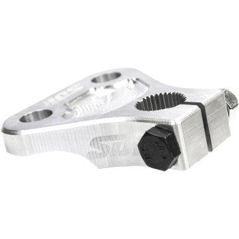 The Steering Knuckle Easy Steer Edition by Sdi is a silver metal tool with a triangular shape, two circular holes, and a black hex bolt. It has engraved markings and a gear-textured section for safety, ideal for hardware replacement.
