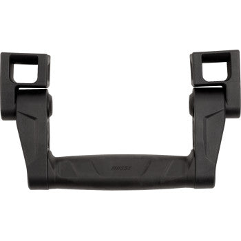 The Grab Handle by Moose Offroad is a black plastic U-shaped handle with square mounting brackets, textured grips, "Bose" embossed at the center, and compatibility with Custom Clamp System or R.O.P.S. clamps for equipment or cases.