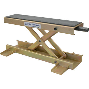 The UTV Force Center Jack by K&L Supply features a metal, rectangular platform, X-shaped support, and handle for lifting. Its wide base with flat feet delivers excellent stability while servicing your motorcycle or ATV.