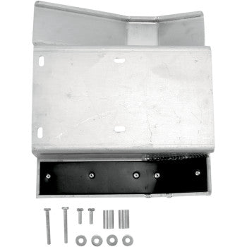 The Yamaha Swingarm Skid Plate by Motorsport Products features a rectangular metal bracket with a black inner compartment for rear brake rotor protection and includes four bolts, two washers, two spacers, and two nuts.