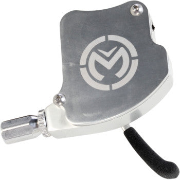 The ATV Thumb Throttle Polished by Moose Offroad is a billet aluminum device with a circular engraved logo, a lever-style black handle, and a side metal adjustment knob.