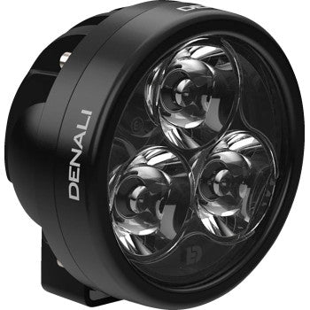 The Denali Light Pod - D3 with DataDim™ is a black, round LED light with four clear lenses and “DENALI” on the side, delivering high-intensity, waterproof lighting for reliable motorcycle use in any weather.