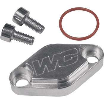 Block Off Plate Silver by Works Connection, featuring a metal plate with WC engraving, two silver bolts, and a red rubber O-ring—ideal for ATV sport quad parking brakes or rear disc brake assembly—are displayed on a white background.
