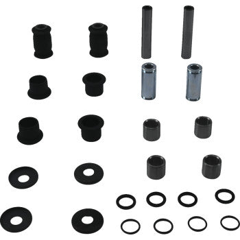 The Suspension Kit Rear Independent Knuckle Only by Moose Offroad features assorted black cylindrical and ring-shaped bushings, washers, and metal sleeves—perfect for bearings and bushings—neatly arranged on a white background.