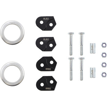 The Can Am Defender Lift Kit by Demon includes two silver rings, three pairs of black brackets (RLB2 and RRB2), four bolts, four nuts, and two spacers—ideal for enhancing ground clearance or fitting larger tires.