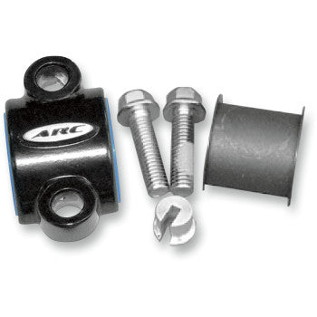 A Brake Master Cylinder Slipper Clamp (Black) by Arc, made from 7075-T6 aluminum, with two metal bolts, a slotted screw, and a cylindrical black rubber bushing are arranged on a white background.