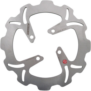 Silver circular brake rotor with wave-edged design and three mounting holes, made of metal.