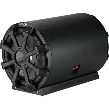 The Kicker Weatherproof Subwoofer 10" 600W 4 Ohm is a black cylindrical active bass subwoofer with a front protective grille, side connection panel, and powerful ceramic magnet for deep sound.