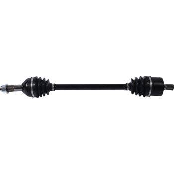 Black metal axle shaft with rubber protective boots on both ends and metal connectors for Can Am Defender UTVs.