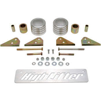 The Lift Kit Front Back 2.00 by High Lifter includes metal spacers, brackets, bolts, washers, and nuts with a silver plate labeled High Lifter to increase your UTV’s ground clearance.
