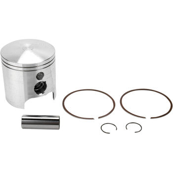 Silver metal piston with two brown piston rings, a silver cylindrical wrist pin, and two small silver circlips arranged on a