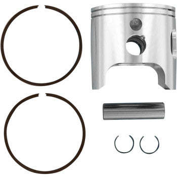 The Polaris ATV Piston Kit 84.50 mm by Wiseco is shown on a white background, featuring a high-silicon aluminum alloy silver piston, two piston rings, a cylindrical wrist pin, and two circlips.