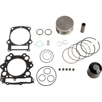 The Yamaha Top End Kit 100.50 mm by Wsm is displayed on a white background, showing all components: gaskets, piston, rings, seals, and small metal parts arranged neatly.