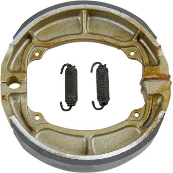 Brake Shoes by Ebc feature a metallic finish with original-style brake shoe springs and two black tension springs inside the circular opening, with some rust visible on the outer edge.