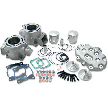 The Yamaha YFZ Cylinder Kit 68.00 mm by Athena includes pistons, an aluminum cylinder, cylinder head, gaskets, O-rings, bolts, washers, power valves, and additional components arranged on a white surface.