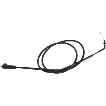 The Arctic Cat Black Vinyl Throttle Cable 59" by Moose Offroad features a pre-lubricated nylon inner sleeve, durable black PVC jacket, plastic handle, exposed metal wire end, and is shown coiled in a loose loop on a white background.