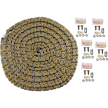 The ATV 520 2 Chain 25 Feet by Did, shown coiled in gold and black, comes with master links, O-rings, and small parts arranged on a white background—ideal for high-performance motorcycle or ATV use.