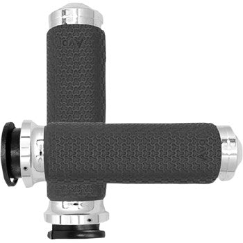 Two Memory Foam Grips - Medium - Chrome by Avon Grips are shown, featuring black textured surfaces and chrome ends; one grip is placed horizontally, the other vertically, forming a cross shape.