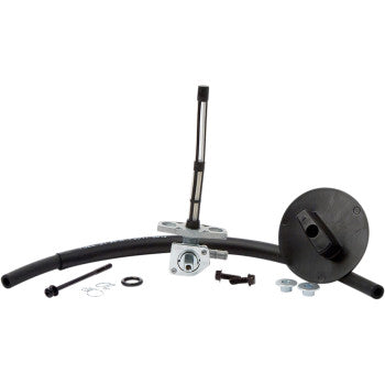 The Honda Petcock Fuel Kit by All Balls includes a metal rod, black hose, round cover, metal fittings, nuts, bolts, small rings, and features an OE replacement fuel valve and fuel line—all displayed on a white background.