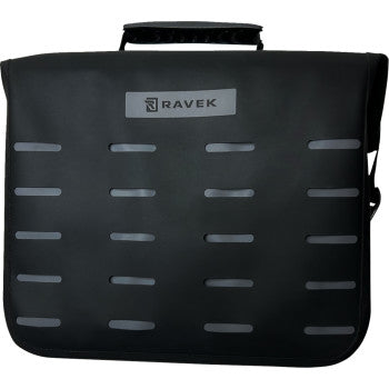 The MOLLE Zipperless Bag Waterproof Black by Ravek features top handles, horizontal reflective front strips, and the Ravek logo near the top center, offering a sleek, functional, and waterproof storage solution.